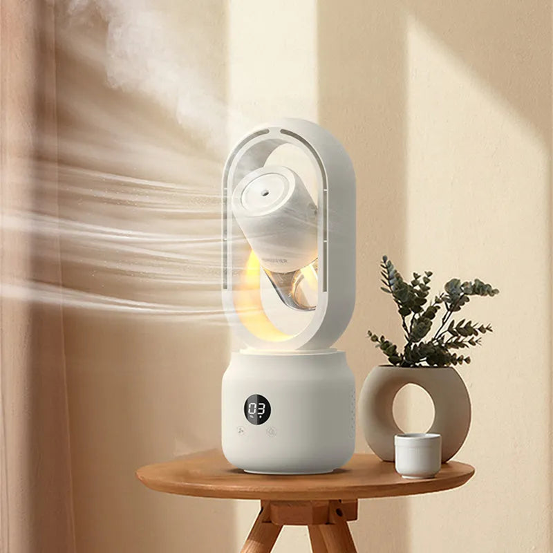 White bladeless table fan with water tank and USB port on a wooden desk.