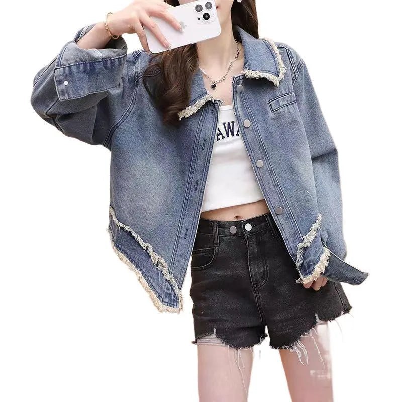Short blue chenille denim jacket for women with long sleeves, designed for petite frames, shown in front view on white background