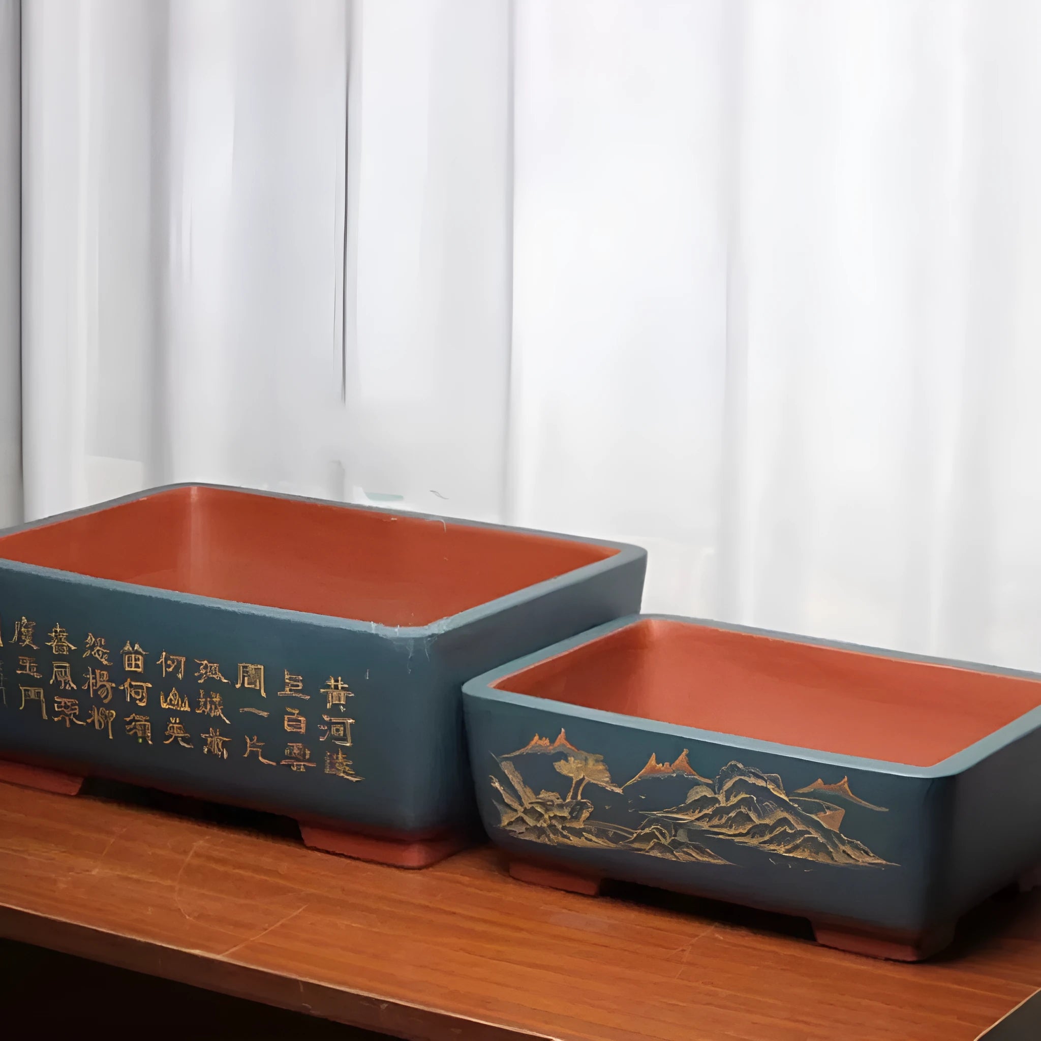 Purple clay Chinese style flower pot with plant on desktop, available in multiple colours and sizes