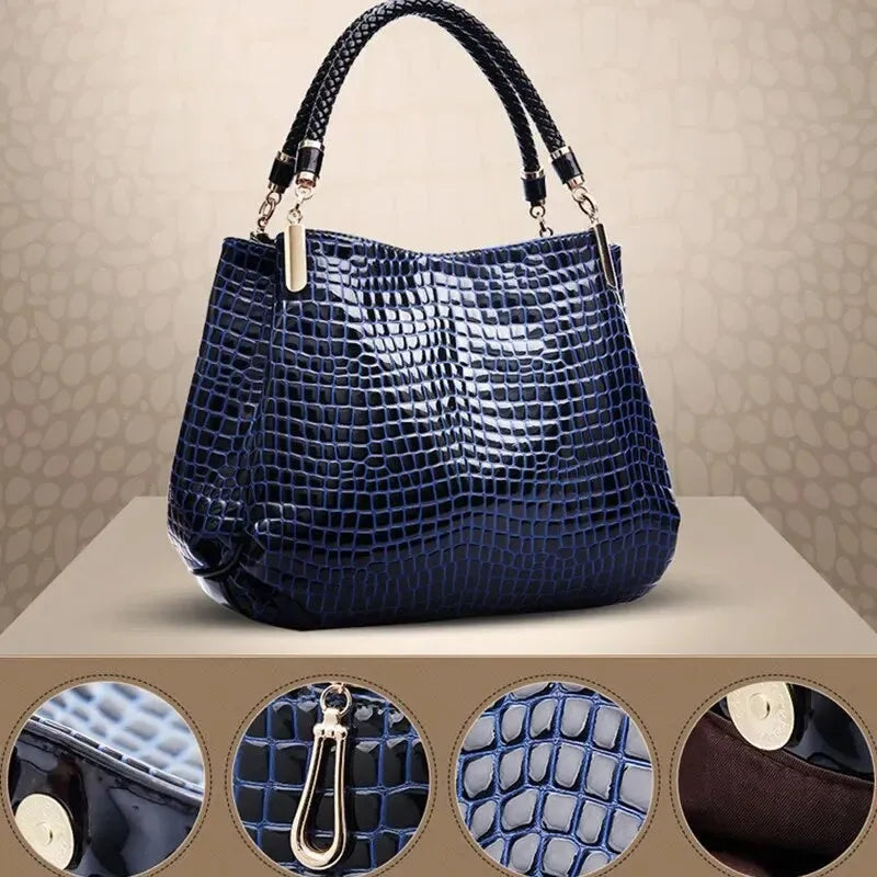 Women's large capacity tote bag with crocodile print and bright face detail, black PU, 36x11x29cm shoulder bag
