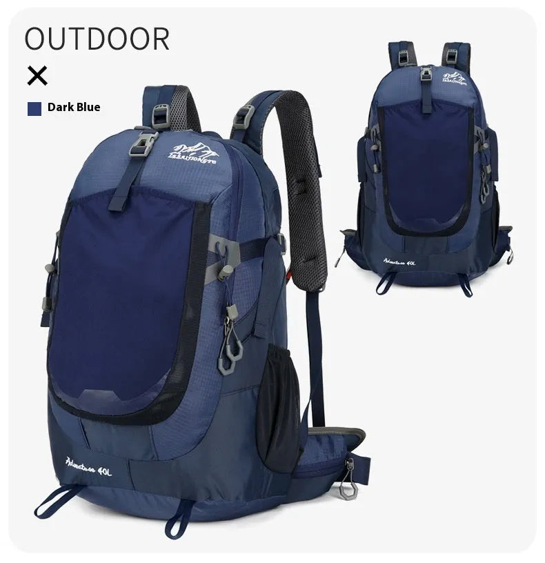 New outdoor 40L unisex large capacity backpack in black with curved shoulder straps and waterproof fabric