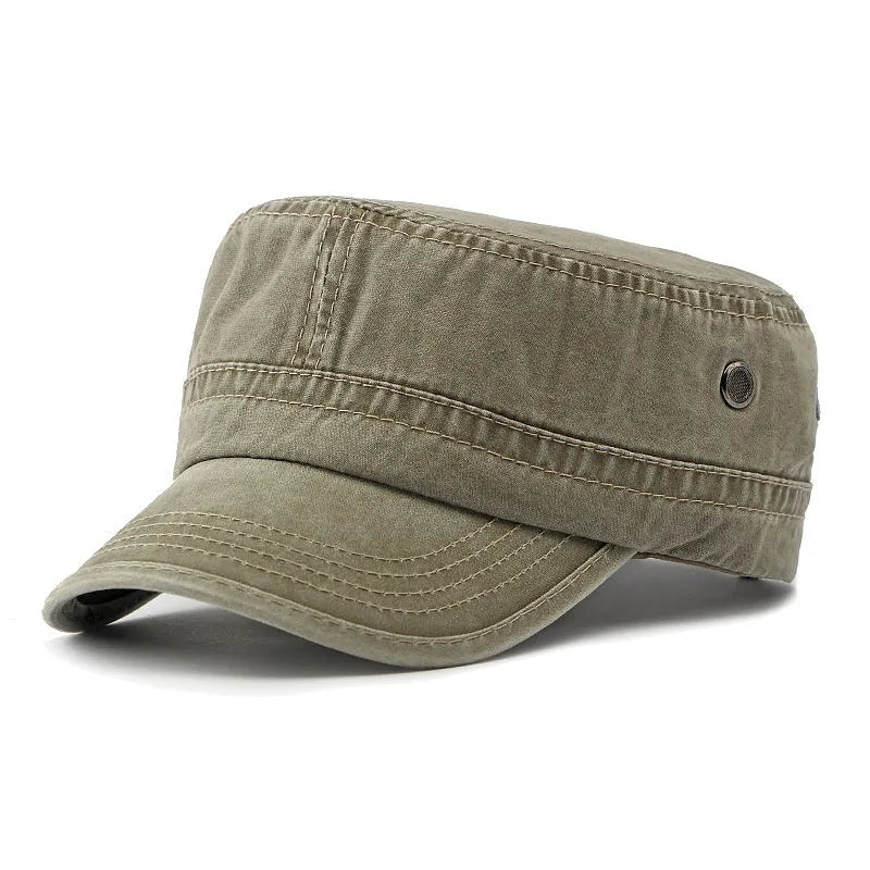 Military flat top cap in cotton fabric with adjustable strap, shown in army green colour
