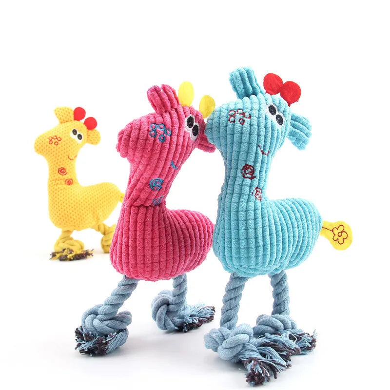 Blue deer-shaped plush dog toy with corn grain texture and squeaker