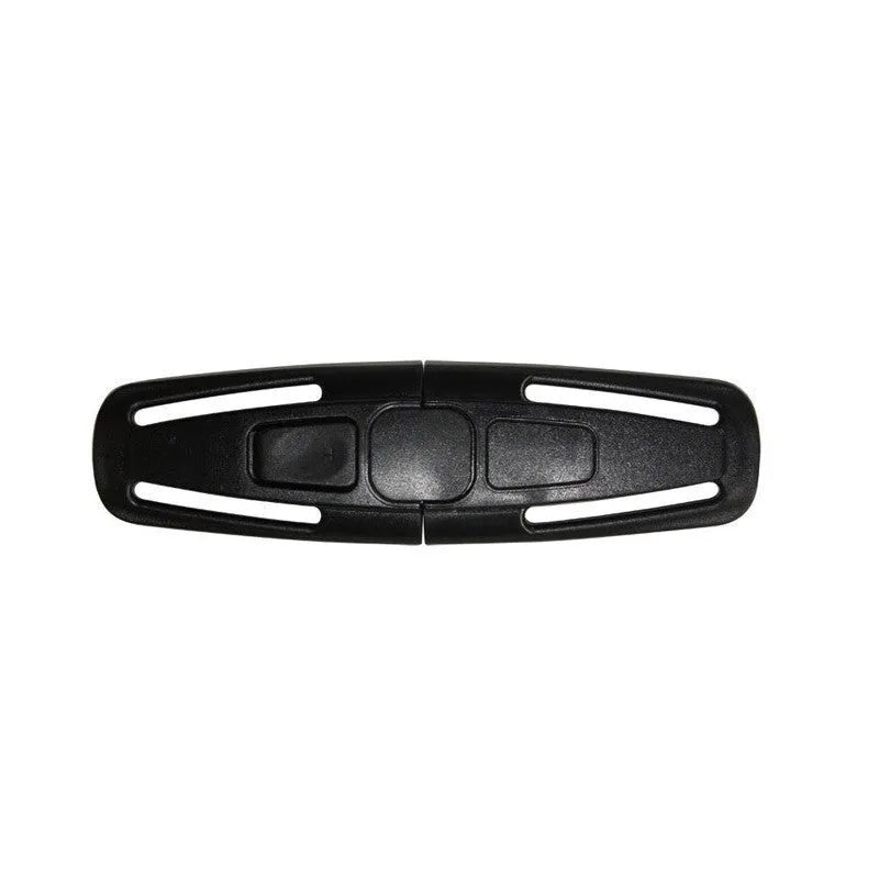 Black nylon seat belt buckle clip for child car seat 5-point harness.