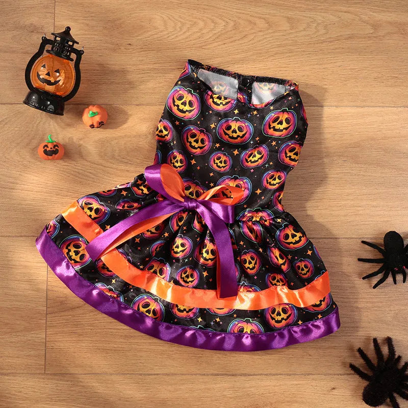 Colourful double-layer Halloween dog skirt with pumpkin print, shown in size M.