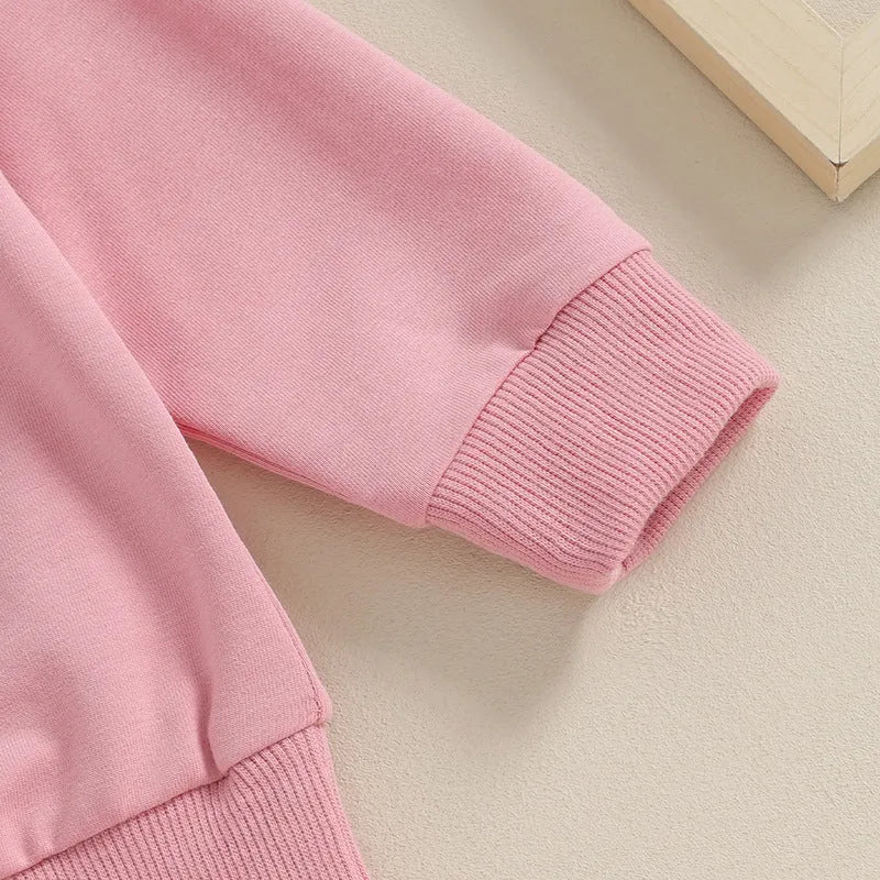 Baby girl cotton blend letters embroidered sweater and trousers suit in pink and purple, long sleeves