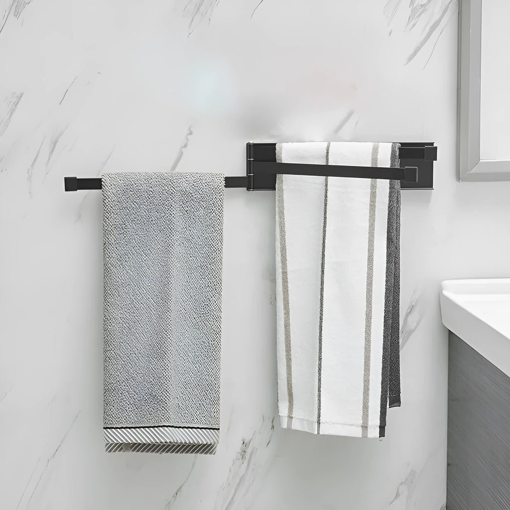 Black folding towel bar with no-drill installation for bathroom towel storage