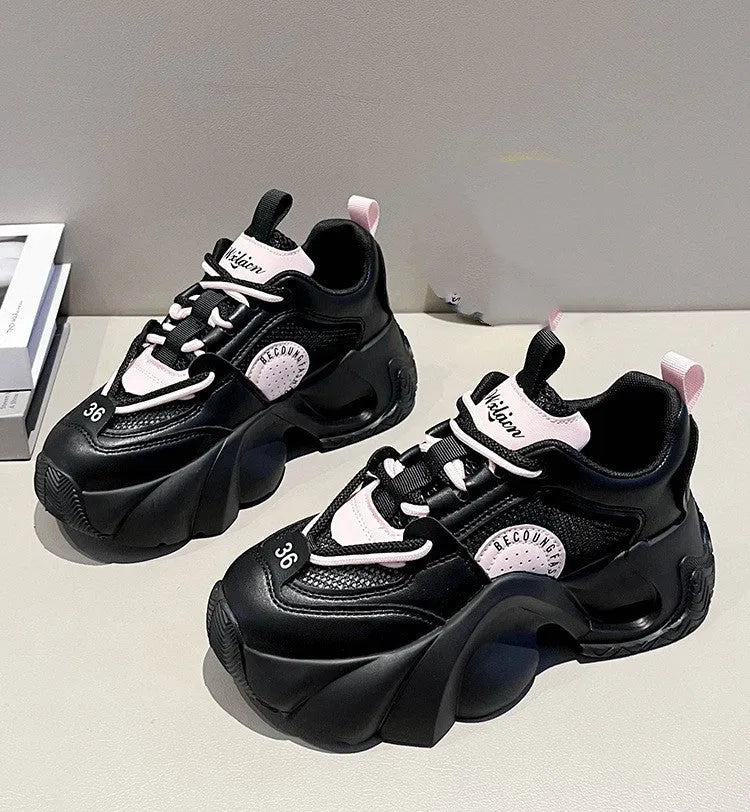Women's casual sneakers with thick sole and cross straps in pink, black and beige options