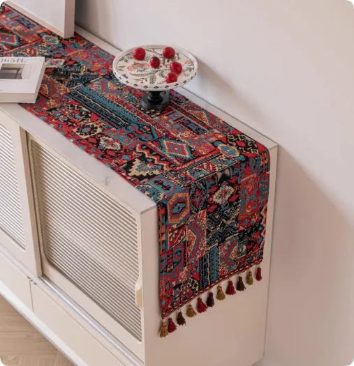 Country European retro cotton blend table flag with handwoven tassels on sideboard