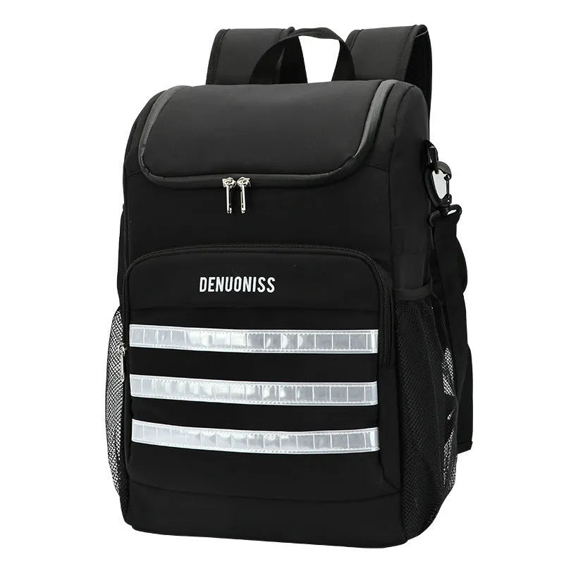 Black cloth backpack with a shoulder strap bottle opener, shown alongside lake blue, pink, and watermelon red colour variants.