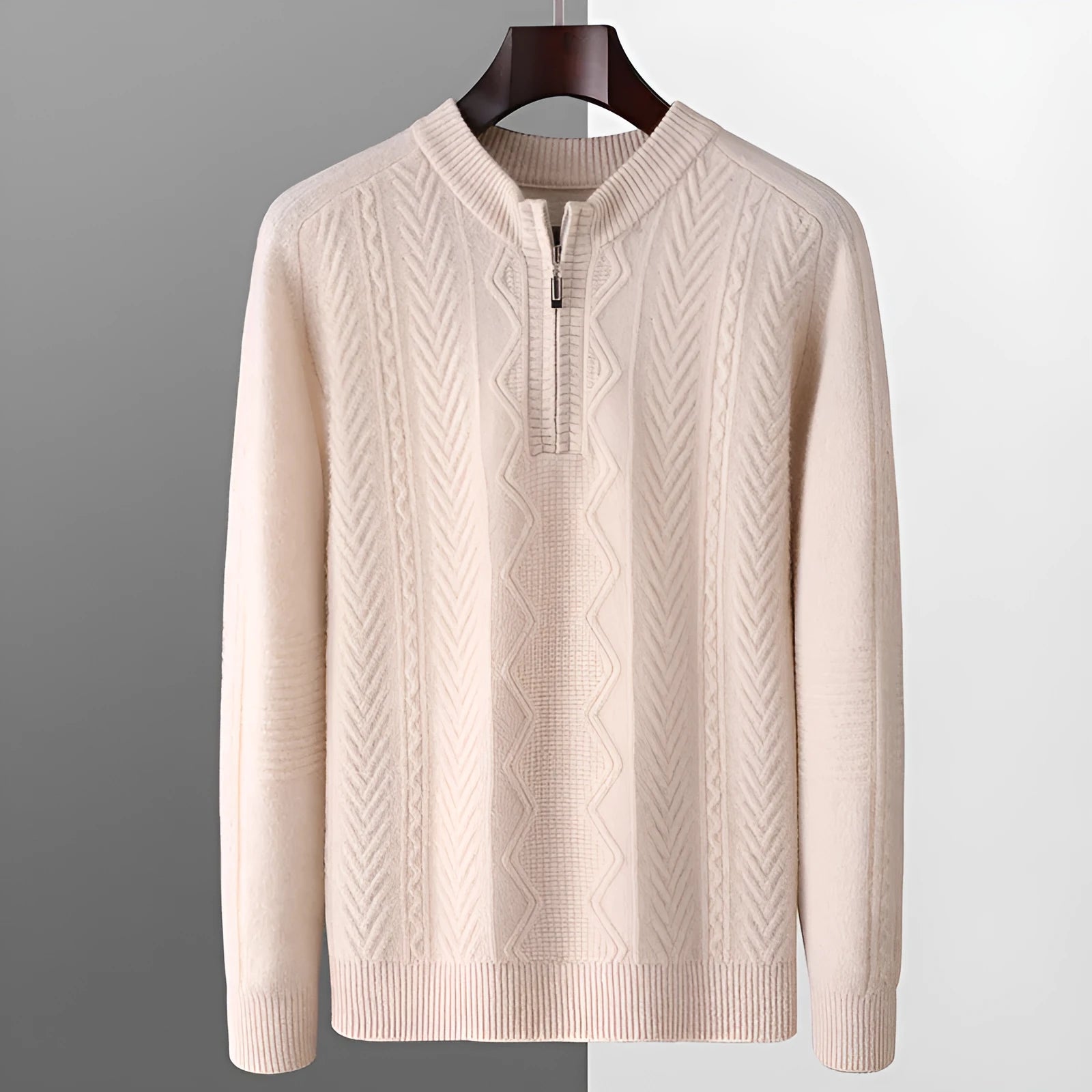 Men's pure wool diamond lattice pattern half-zip loose fit sweater in light camel colour