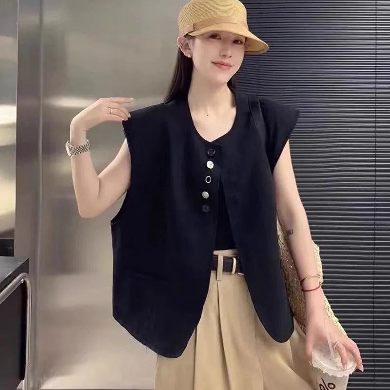 Women's loose fit polyester vest in short length with pockets, shown in milk white colour