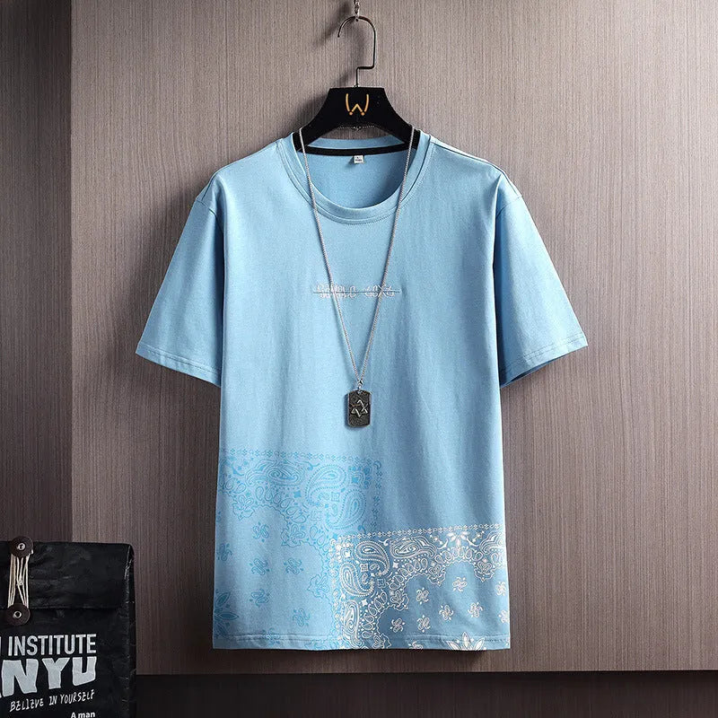 Men's loose fit short-sleeve round neck T-shirt with geometric print in black colour option