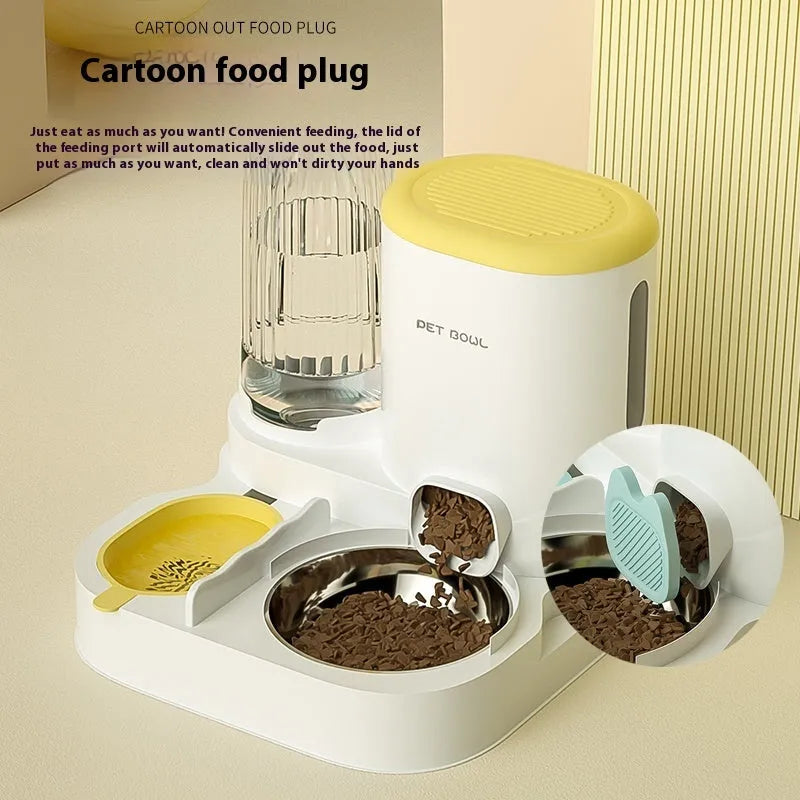 Automatic cat feeding and drinking fountain with stainless steel bowls in compact 27cm design