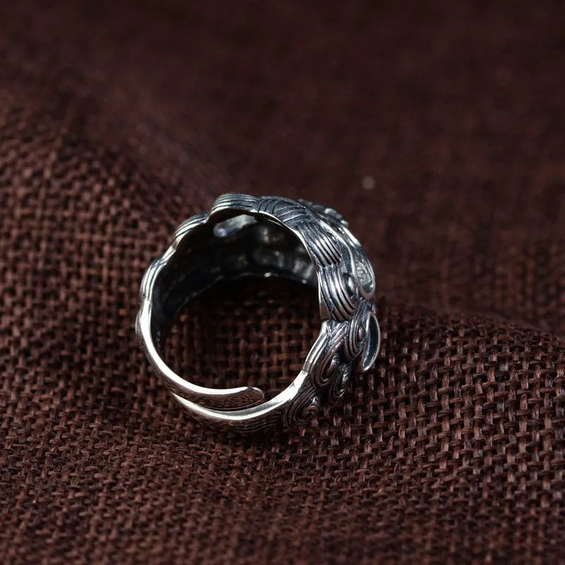 Silver open ring with detailed Jibeast animal zodiac modelling and adjustable design
