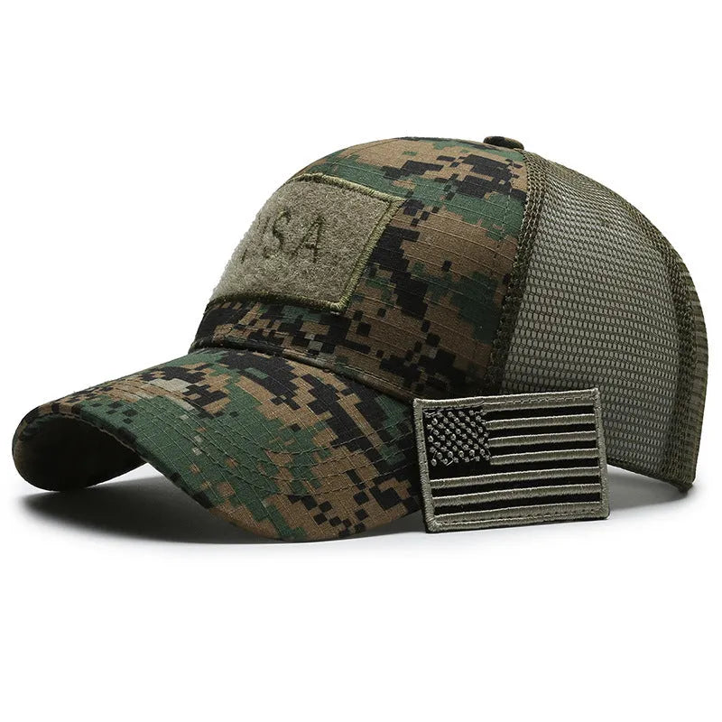 Adjustable Velcro tactical camouflage baseball cap with machine embroidery on cotton dome crown
