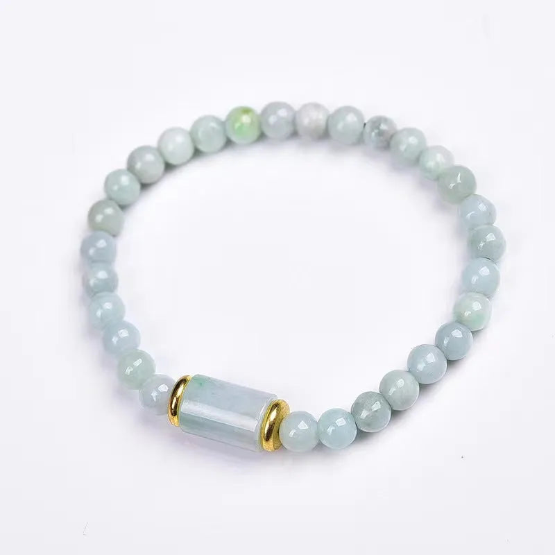 Myanmar natural jade round ice bead bracelet with geometric beads and emerald green colour