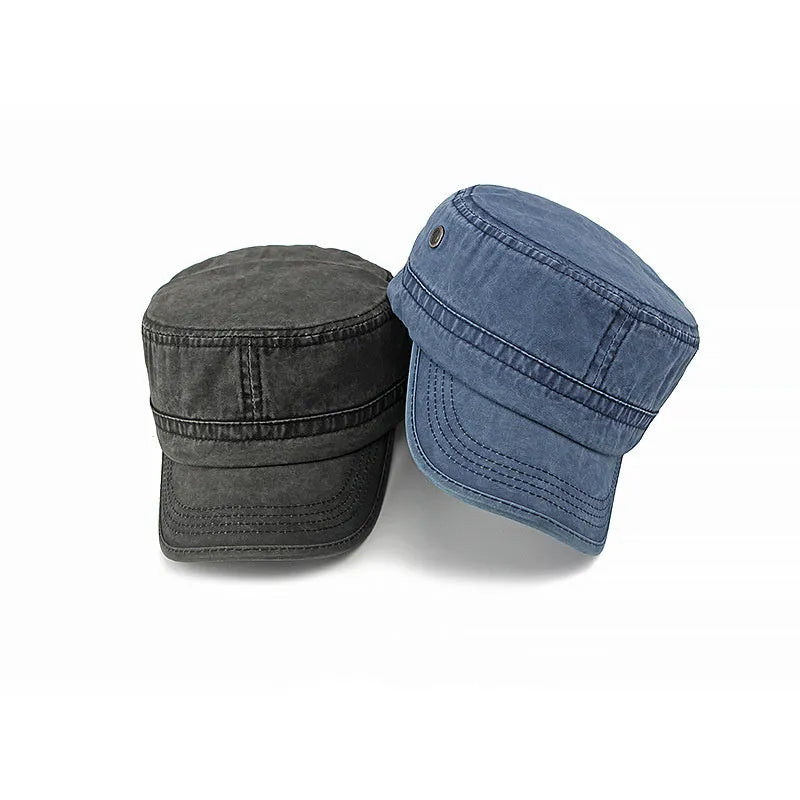 Military flat top cap in cotton fabric with adjustable strap, shown in army green colour