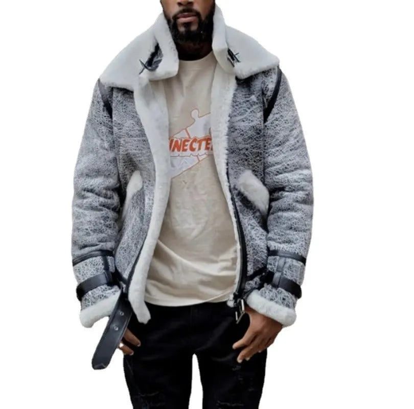 Men's grey polyester jacket with big fur collar, loose fit, zip front, available in sizes S to 5XL
