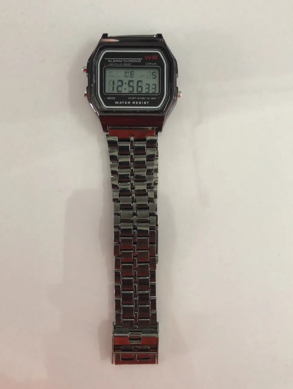 WR F91W electronic watch with stainless steel strap, number display, square dial, black colour