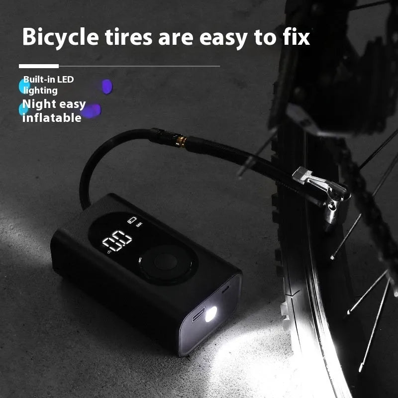 Portable wireless tyre inflator with ABS PC construction and power bank flashlight