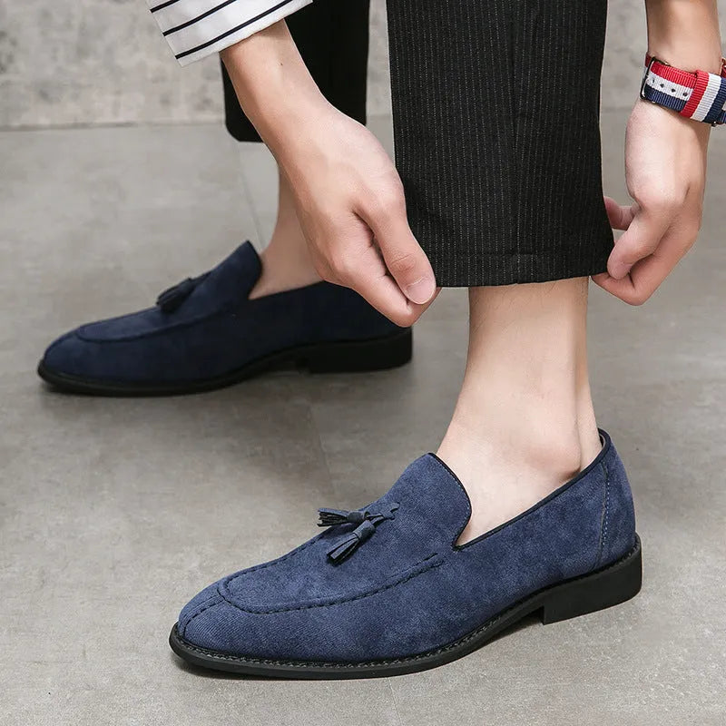 Men's suede matte fashion leather shoes in blue with artificial PU upper and flat heel