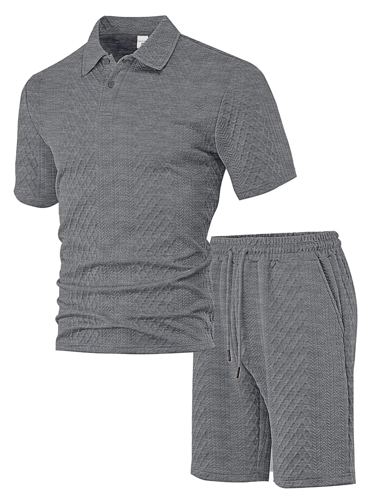Men's pattern cloth casual short sleeve polo suit set with matching top and trousers in multiple colours
