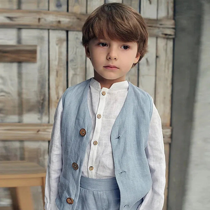 Baby long sleeve top in cotton and linen, blue and white, for 90-130cm height