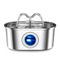 Stainless steel pet water dispenser bowl with pump and UK plug, for dogs and cats.