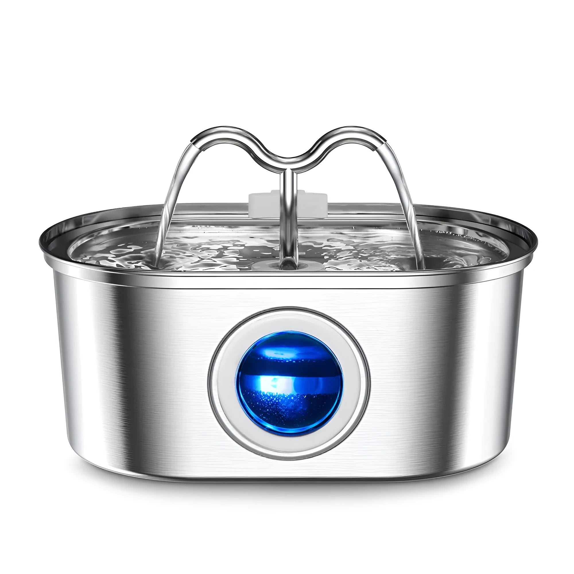 Stainless steel pet water dispenser bowl with pump and UK plug, for dogs and cats.