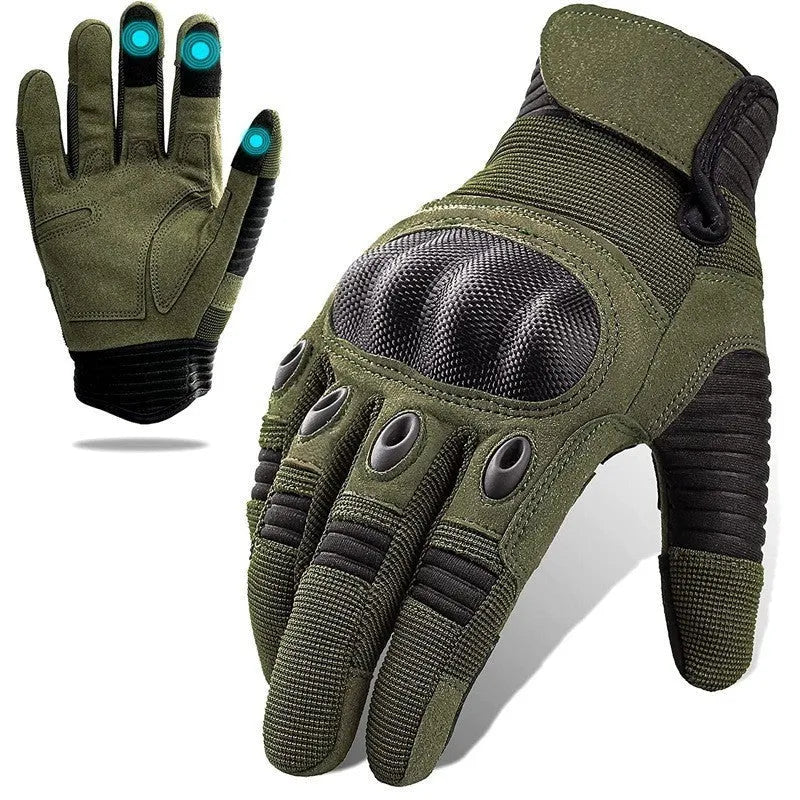 Touch screen military tactical full finger motorbike gloves in knitted fabric available in black army green wolf brown