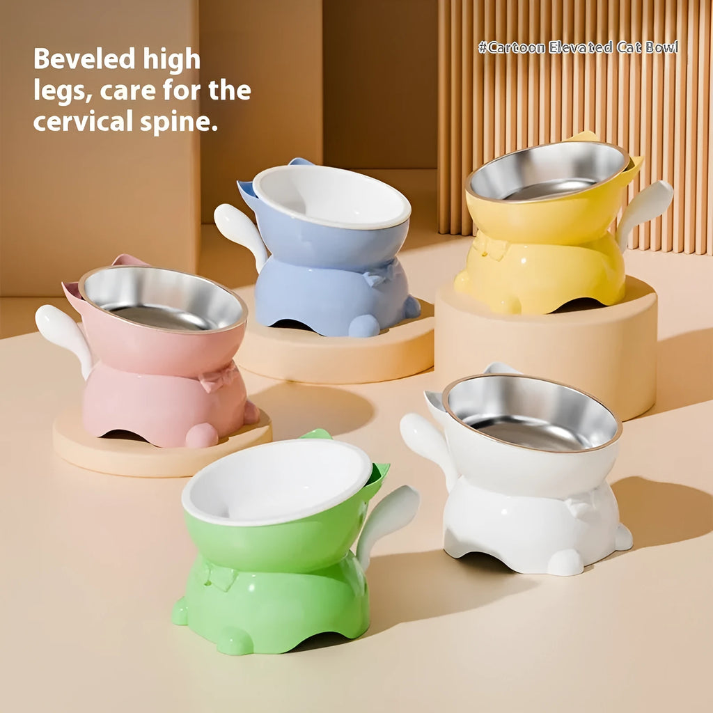 Stainless steel anti-fall oblique cat bowl with tilted design in black, blue, pink or yellow