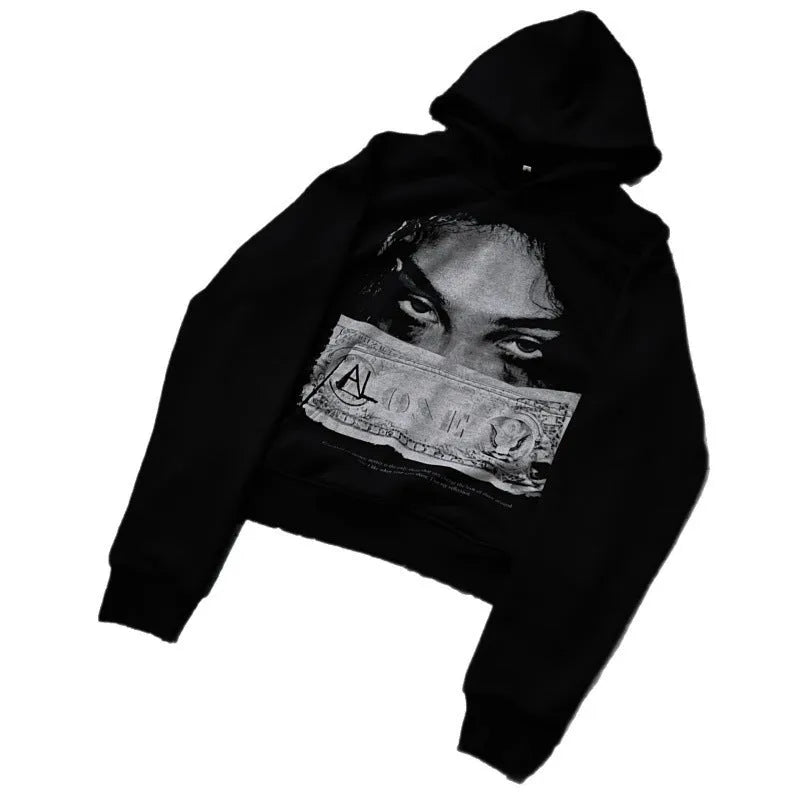 Black women's hoodie with cartoon pattern print, loose fit design