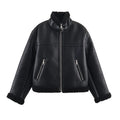 Women's black double-sided fleece jacket with PU fabric, shown front view, casual style, medium thickness.
