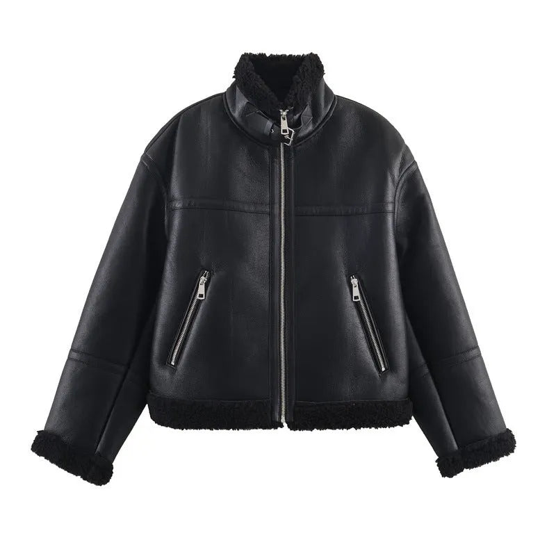 Women's black double-sided fleece jacket with PU fabric, shown front view, casual style, medium thickness.