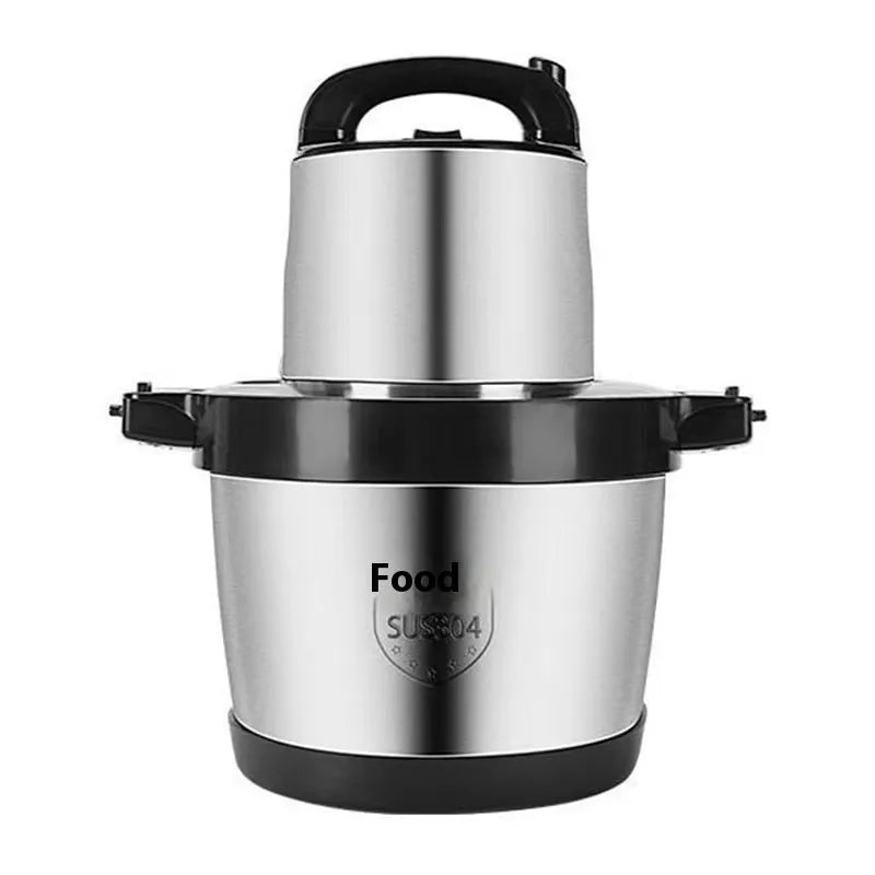 Stainless steel meat grinder food processor with 6L bowl and stainless steel body on kitchen counter