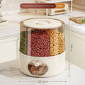 Rotatable cereals storage bucket in cream white with airtight lid, plastic construction, medium size