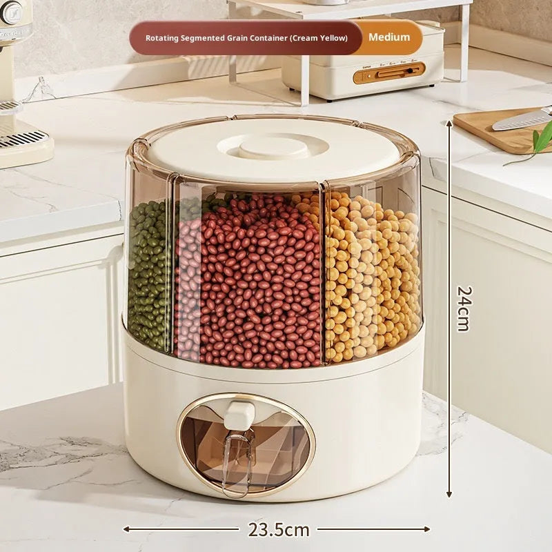 Rotatable cereals storage bucket in cream white with airtight lid, plastic construction, medium size