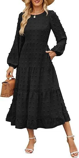 Autumn long sleeve dress with high waist and ruffle sleeves in solid colour options