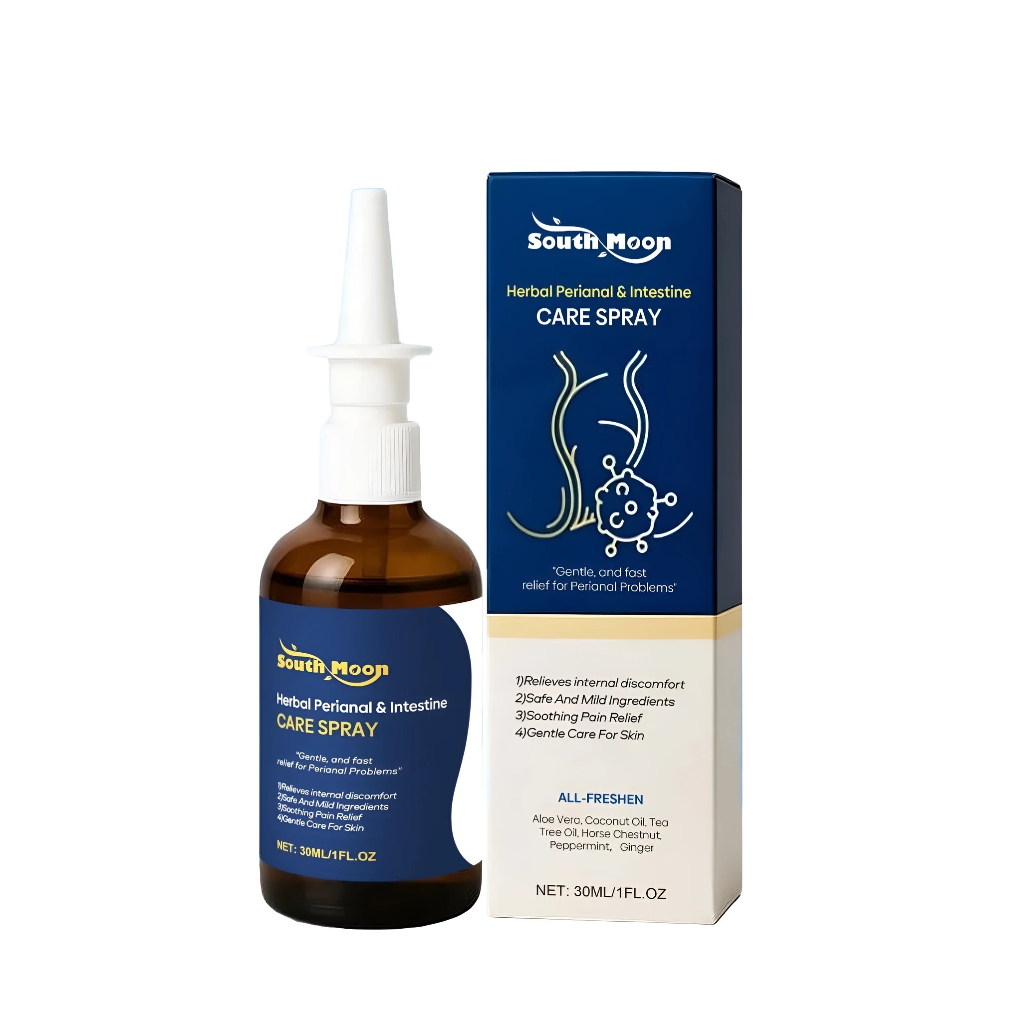 30ml herbal perianal spray bottle with aloe leaf, coconut oil, and tea tree oil ingredients
