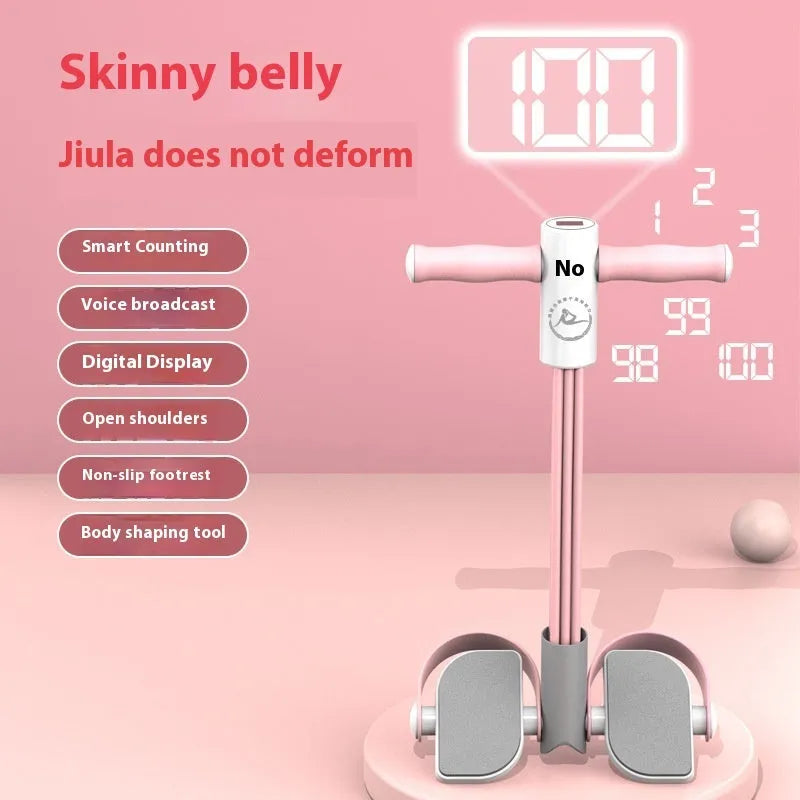 Blue portable intelligent foot pedal pull device for home fitness on a wooden floor.
