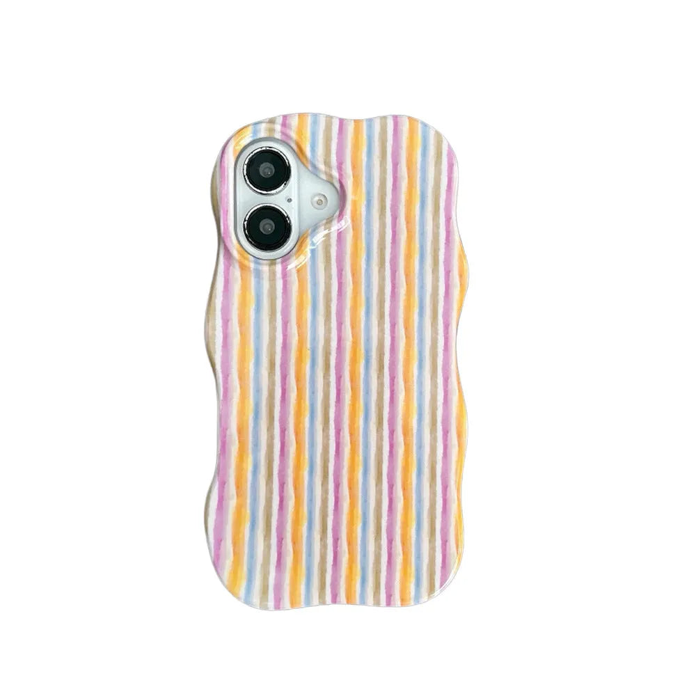 Colour-block striped film phone case showing orange and pink LQ5 wave stripe patterns on iPhone