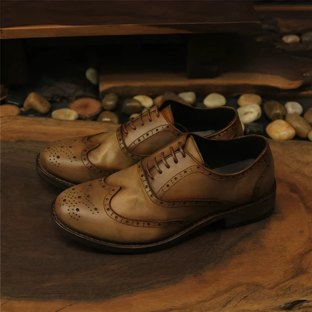 Men's vintage distressed leather casual shoes light brown with carved details and lace-up closure