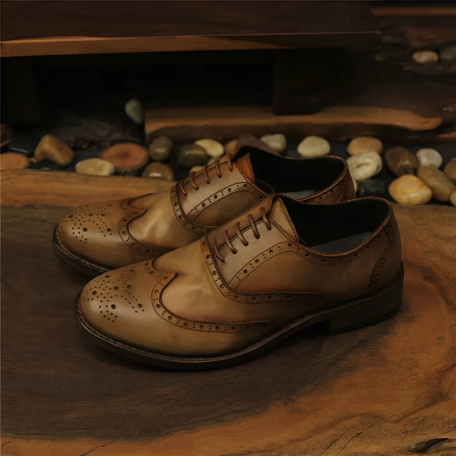 Men's light brown vintage carved leather casual shoes with distressed finish and lace-up design