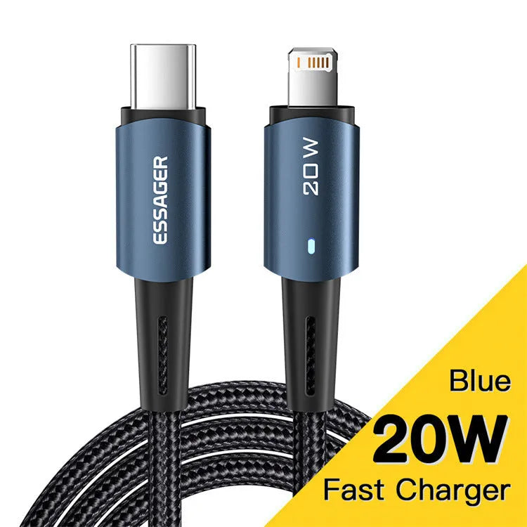 USB-C to USB-C fast charging cable with aluminum alloy connectors and coloured indicator light, available in multiple lengths.