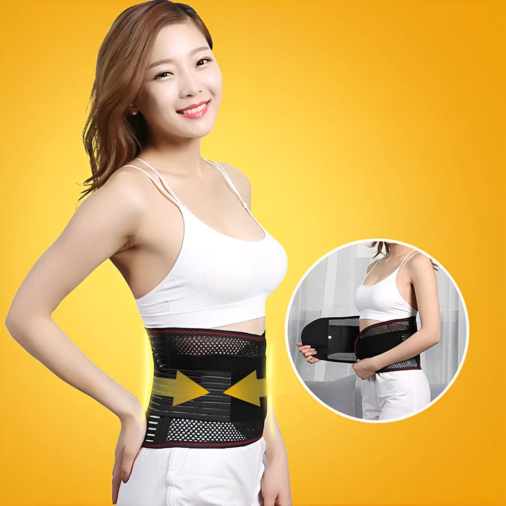 Black sports waist support belt with breathable design and internal steel plate for lumbar protection.