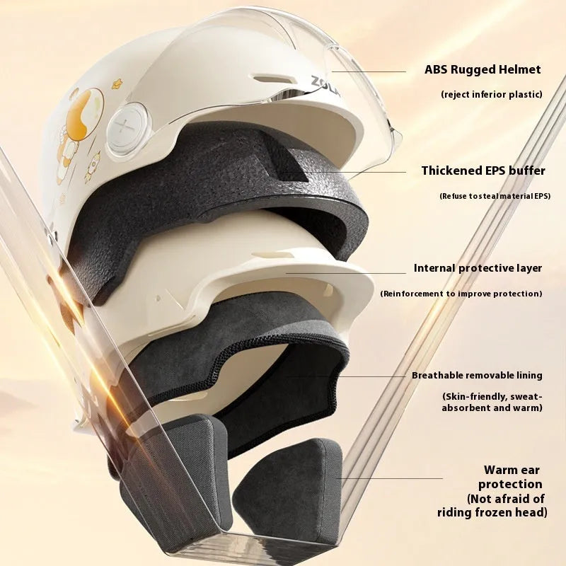 Khaki coloured ABS motorcycle half helmet shown with a choice of attached sun protection or clear visor lenses.