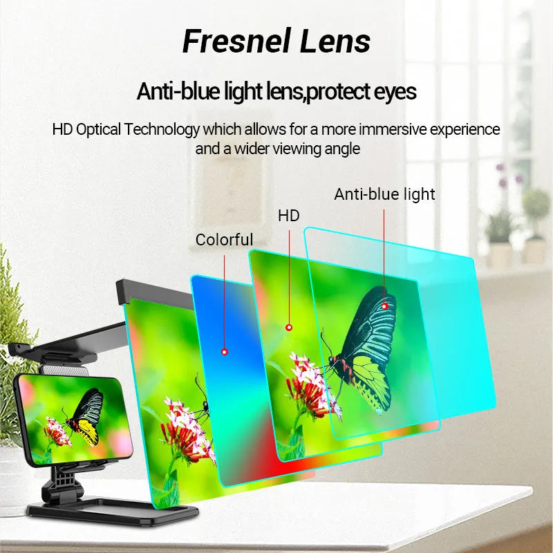 Black foldable mobile phone screen amplifier with detachable holder on a desk