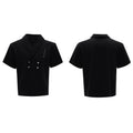 Men's dark grey cotton sports suit with V-neck top featuring padded shoulders and metal embellishments, paired with matching shorts.