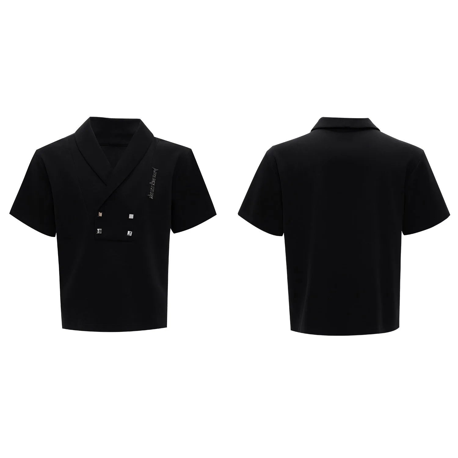 Men's dark grey cotton sports suit with V-neck top featuring padded shoulders and metal embellishments, paired with matching shorts.